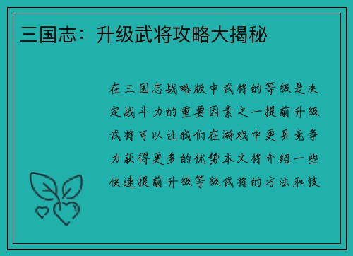 三国志：升级武将攻略大揭秘